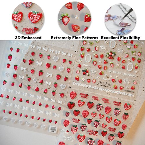 CESTSIREN Strawberry Lace Nail Art Stickers 3D Embossed Nail Decals for Nail Art Design Self-Adhesive Nail Accessories for Women Nail Art Supplies 3 Sheets