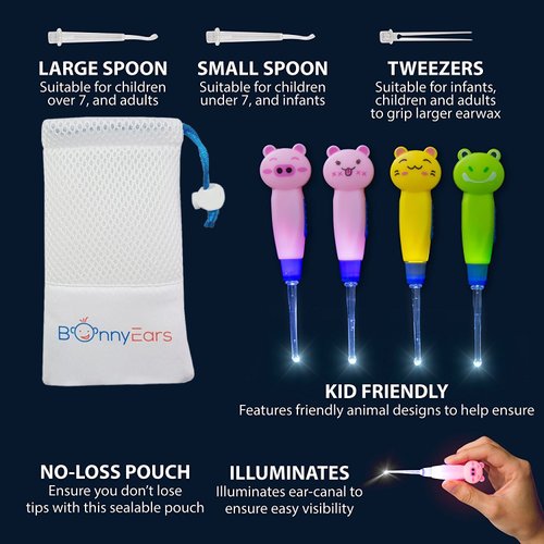 Ear Wax Removal Tool with Led Light for Kids - Toddlers, Infants, Baby and Adult by BonnyEars | Stainless Steel Earwax Remover Kit | Ear Pick Spoon Curette Tweezers Cleaning