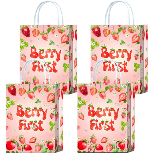 16 Pcs Berry First Strawberry Party Favor Bags,Strawberry Paper Goodie Candy Gift Bags with Handles for Girls First 1st Birthday Party Supplies Decoration
