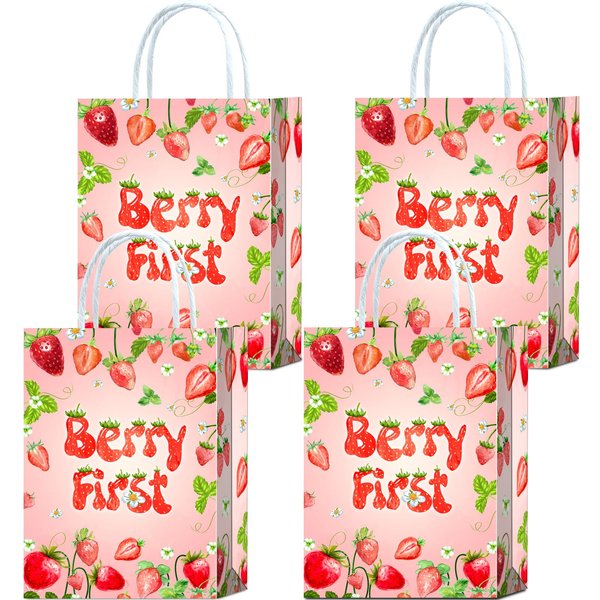 16 Pcs Berry First Strawberry Party Favor Bags,Strawberry Paper Goodie Candy Gift Bags with Handles for Girls First 1st Birthday Party Supplies Decoration