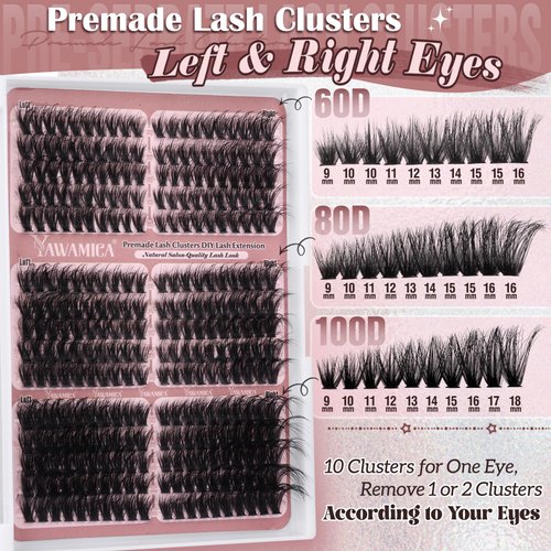 Yawamica Cat Eye Lash Clusters Fluffy Cluster Eyelash Extensions Wispy Individual Lashes Premade Eyelash Clusters Left Right Cluster Lashes 60D 80D 100D Volume 300pcs Eye Lashes Clusters DIY Lash