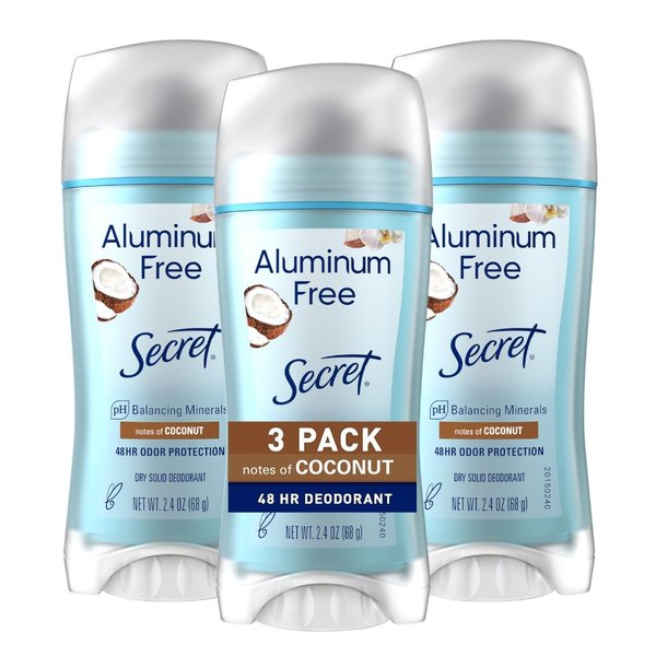 Secret Aluminum Free Deodorant for Women, 48hr Odor Protection, Free of Parabens Dyes Talc & Baking Soda, Coconut Scent, 2.4 oz (Pack Of 3)