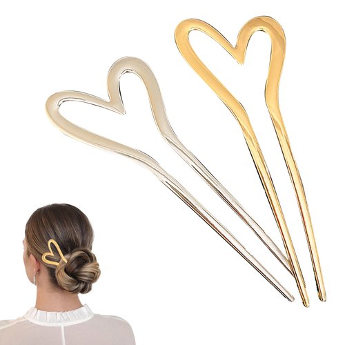 2-Pack Gold Metal U Shaped Hair Pins Heart Hair Sticks Hairpin French Hair Pin Heart French Pin French Pins Hair U Shaped Hair Pins Love French Hair Fork Elegant Hair Accessories for Women and Girls