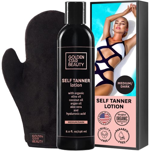 Organic Self Tanning Lotion for Natural Looking Tan-Fake Tan-Best Sunless Tanning Lotion for Bronze Skin-Best Self Tanners for Face and Body-with Tanning Mitt