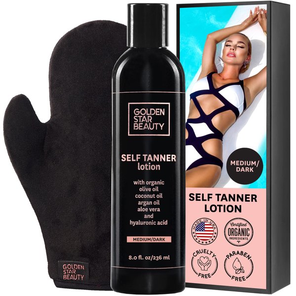 Organic Self Tanning Lotion for Natural Looking Tan-Fake Tan-Best Sunless Tanning Lotion for Bronze Skin-Best Self Tanners for Face and Body-with Tanning Mitt
