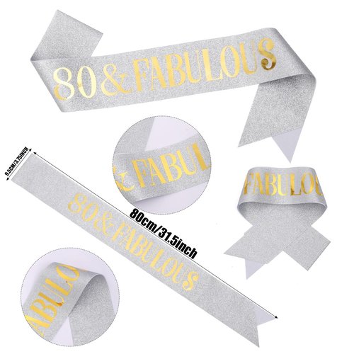 "80 & Fabulous"Sash & Rhinestone Tiara Set, 80th Birthday Gifts for Women, Sliver Gold Birthday Sash/Tiara for Women's 80th Birthday Party Decoration (Sliver 80th)