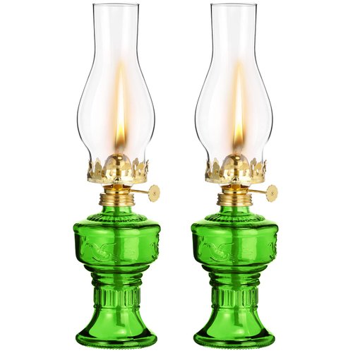2 Pcs Chamber Oil Lamps for Indoor Use Vintage Kerosene Lamp Clear Hurricane Lamp Rustic Kerosene Lantern with Adjustable Fire Wick Lighting Oil Lantern for Home Emergency Lighting, 13'' High (Green)