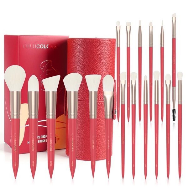 LULUCOLORS 18 pcs Makeup Brush sets - Makeup Brush Set with Wooden Handle - Includes Foundation, Contour, Eyeshadow, Eyeliner, and Lip Brushes -Brushes with Brush Holder -Soft Bristles (Red)