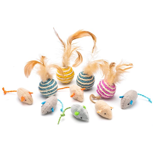 WULOUJIE Cat Toy Feather Sisal Ball 4 Count，Mouse Catnip Cat Toys 6 Count- Handmade Cat Toys with Feathers, Scratch & Bite Resistant Sisal Balls for Cats (Random Color)
