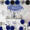 Blue and Silver Birthday Decorations for Men Boys, Navy Blue Silver Party Decoration Royal Bue Silver Birthday Balloons Happy Birthday Banner Pom Poms Silver Fringe Curtain for Birthday Party Supplies