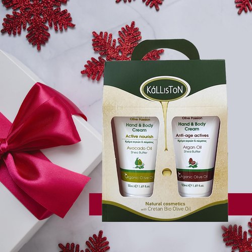 Kalliston Organic Olive Oil Cream Set, Avocado Oil and Argan Oil lotions, Hand, Body, Foot and Heel Creams,1.69 Each, Gift Pack (Active Nourish & Anti-Age Actives)