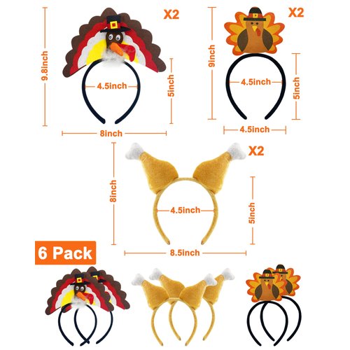 Camlinbo 6 Pcs Thanksgiving Turkey Headbands 3 Styles Thanksgiving Costume Party Favors Accessories Head Boppers