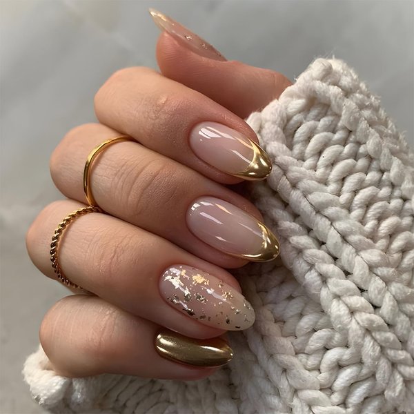 Gold French Tip Press on Nails Medium, Gold Nail Art False Nail Tips Glossy Gold Glitter Full Cover Glue on Nails Medium Almond Shape French Tip Nails Press ons for Women Fingernails Manicure, 24Pcs