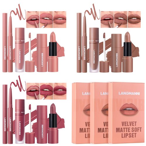 LANGMANNI 3 in 1 Matte Velvet Lipstick Set-Lip Liner,Lip Gloss and Lipstick Combo,Perfect for Natural Lip Contour,Waterproof And Longlasting Effect Lip Makeup,Unique Festival Gift (#01+03+05)