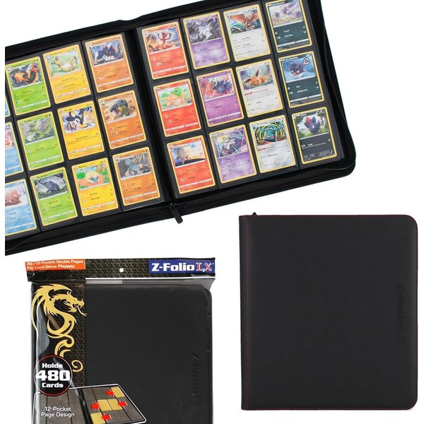 BCW 12-Pocket Zipper-Folio LX Trading Card Binder (Black) | Card Collection Binder with 480 Card Capacity | Archival Safe Pages | Secure Wrap-Around Zipper | Pocket Trading Card Holder Album