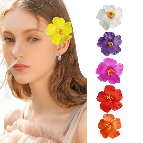 6Pcs Hawaiian Flower Hair Clips, Plumeria and Hibiscus 3.5" Clips for Women, Artificial Flowers Clips Perfect for Vacation and Beach Parties