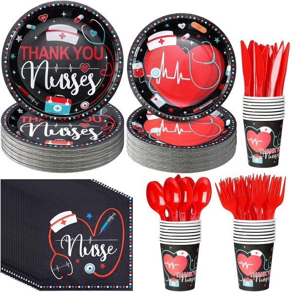 Nurse Graduation Paper Plates and Napkins Decorations, Nursing Party Disposable Plates Napkins Cups Forks, Thank You Nurse Party Supplies for Nurses Day Nurse Week 2024 Nursing Graduation, Serve 25