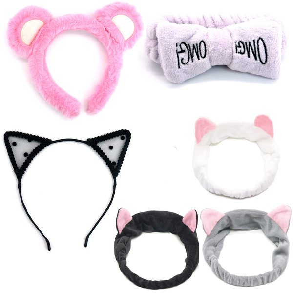 Leather&Arts 6 PCS Coral Velvet Cat Ear Makeup Shower Face Washing Headband Hairband Hair Accessories Best Makeup Headband Tool for Women Girl