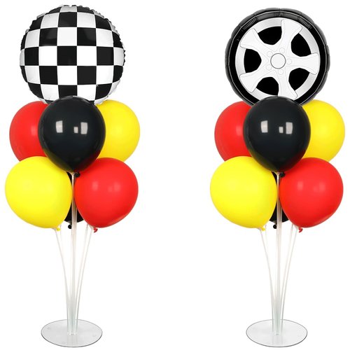 Race Car Party Balloons Stand Kit 2 Sets With 2 Checkered Foil Balloon Racing car Party Balloon Red Black Yellow Race Car Birthday Party Decor Set For Boys Let's go Racing New Year Party Decorations