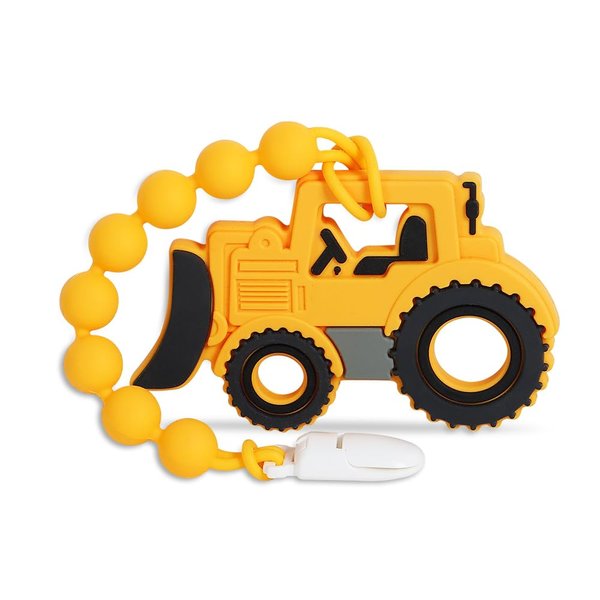 Baby Construction Vehicles Teething Toys,Food Grade Silicone Teether with One-Piece Pacifier Clip Holder,Shower Gift for 3 Months+ Boy and Girl,BPA Free,Freezer Safe. (Bulldozer)