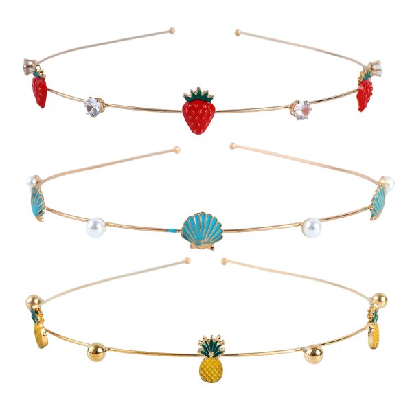 QXUJI 3PCS Strawberry Pineapple Shell Women's Headbands, Cute Pearl Rhinestones Headpieces, Gold Hair Accessories, for Women, Teen Girls, Bride, Beach Wedding, Prom, Engagement, Dating