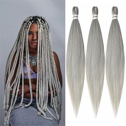 BALINGHAIR Grey Pre Stretched Braiding Hair Extensions 20 Inch Kanekalon Braiding Hair for Crochet Braids(Gray-3Pcs)