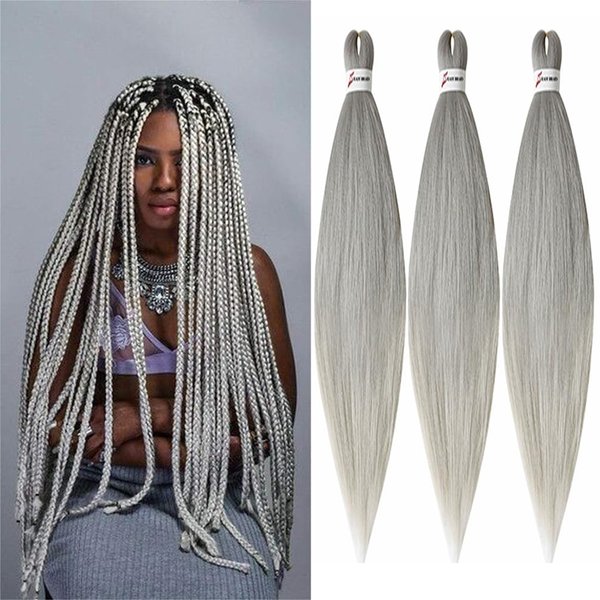 BALINGHAIR Grey Pre Stretched Braiding Hair Extensions 20 Inch Kanekalon Braiding Hair for Crochet Braids(Gray-3Pcs)