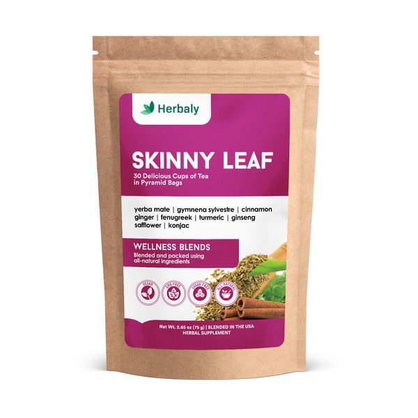 Herbaly Skinny Leaf Functional Tea - 9 Active Herbs - Manage Weight, Reduce Sugar Cravings, Improve Digestion - 1 Pack, 30 Pyramid Tea Bags