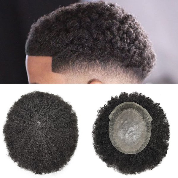 Healthlif Afro Toupee For Black Men Human Hair Mens Toupee Lace With PU Base Mens Hairpiece Afro Tight Curly Hair System African American Mens Hair Unit8''X10'' 12MM #1 JET BLACK