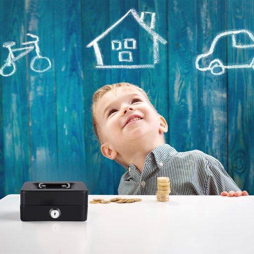 Mini Cash Box with Slot Small Cash Box with Money Tray and Key Lock, Metal Lock Box for Money Safe 4.9" x 3.7" x 2.4" Black