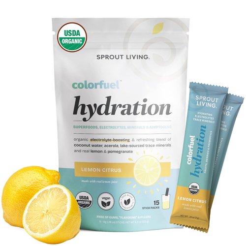 Sprout Living, Colorfuel Hydration Powder Drink Mix, Organic Superfoods + Adaptogens | Hydration & Recovery, Electrolytes, Himalayan Pink Salt, Coconut Water, Lemon Citrus Flavor (15 Stick Packs)
