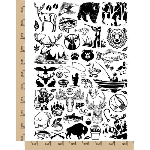 Outdoors Animals Hunting and Fishing Temporary Tattoo Water Resistant Fake Body Art Set Collection - Black (One Sheet)