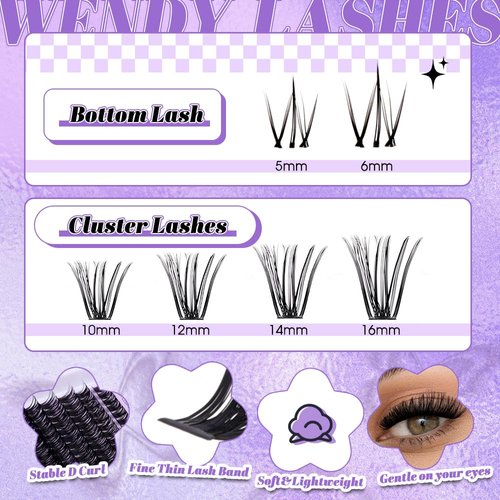 WENDY Lashes Clusters Multi-Type DIY Eyelash Extension - Lash Clusters D Curl 40D & Bottom Lashes, Black Cluster Eyelash Extensions Wispy Soft Individual Lashes Suitable for Beginners, 10-16 MM
