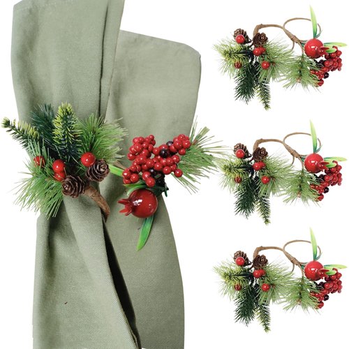Angel Isabella Christmas Collection Napkin Rings - Cloth Napkin Holder For Table Setting, Pinecone Napkin Rings with Berries Accessories & Decor to Match Holiday Dinner Dining Table Top- Set of 6