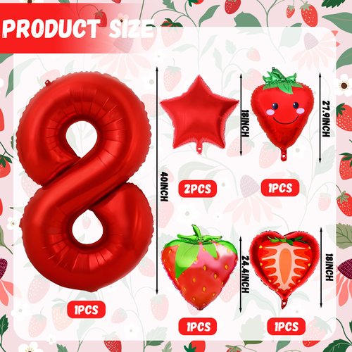 Berry Birthday Decor Party Supplies, Strawberry Birthday Decorations, Strawberry Party Decorations, Strawberry Balloons, Daisy Balloon, Star Balloons, 40 Inch Number 8 Balloon for 8th Birthday