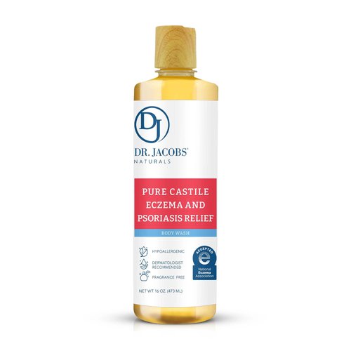 Dr. Jacobs Naturals Hypoallergenic Castile Soap, Dermatologist Tested Unscented Soap for Eczema & Psoriasis Relief - Sensitive Skin Body Wash, Vegan & Gluten-Free Formula for All-Day Hydration -16oz