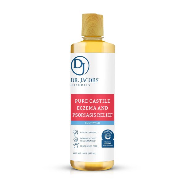 Dr. Jacobs Naturals Hypoallergenic Castile Soap, Dermatologist Tested Unscented Soap for Eczema & Psoriasis Relief - Sensitive Skin Body Wash, Vegan & Gluten-Free Formula for All-Day Hydration -16oz