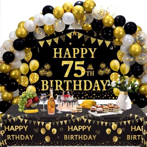 Trgowaul 75th Birthday Decorations Men Women - Black Gold Happy 75th Birthday Backdrop Banner, 2 Pcs Birthday Tablecloth, 60 Pcs Latex Confetti Balloons, 75 Years Old Bday Party Supplies Gifts Ideas
