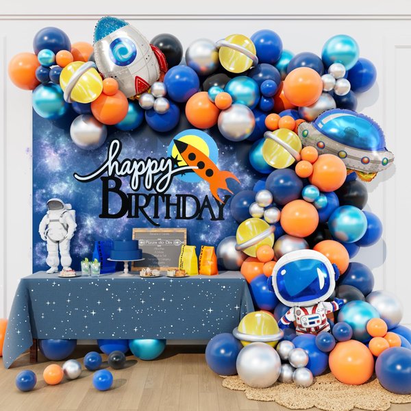 Beaumode DIY Space Astronaut Balloon Garland Arch Kit 148pcs for Outspace Baby Shower Two the Moon Birthday Planet Rocket Party Decoration (Blue Orange Silver 01)