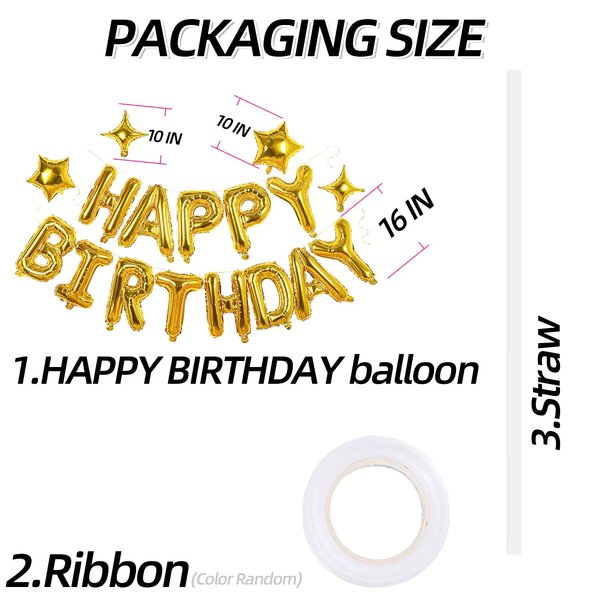 Gold Happy Birthday Banner Balloon Aluminum Foil 16 Inch Letter,10 Inch Five Pointed Star Four Pointed Star Suitable for Kids, Men, Women, Boys and Girls Party Decoration Supplies