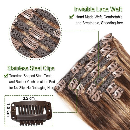 Clip-in Hair Extensions for Women, Chocolate Brown to Caramel Blonde Straight Long, Clip Real Human Hair 100g 7pcs with 16 Clips #4/27/4, 16 Inch
