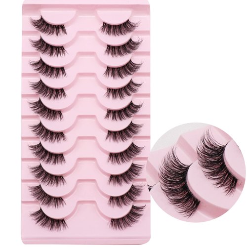 Ahrikiss Half Lashes Natural Look 10 Pairs Wispy Cat Eye Lashes 10mm 3D Fluffy False Eyelashes with Clear Band Short Half Eyelashes (TB02)