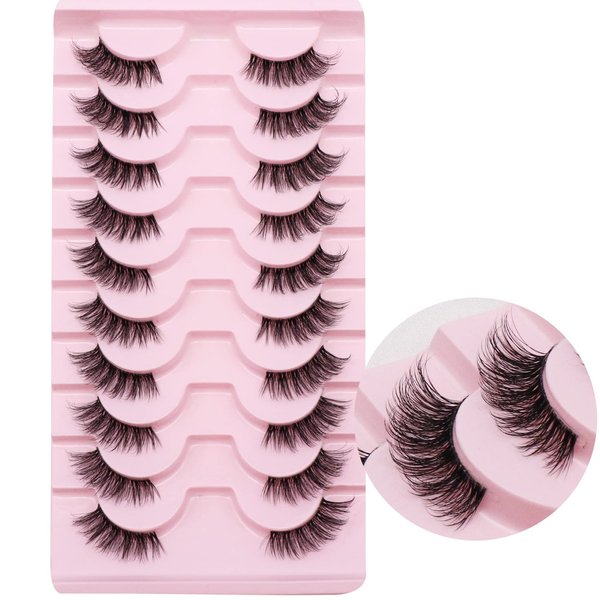 Ahrikiss Half Lashes Natural Look 10 Pairs Wispy Cat Eye Lashes 10mm 3D Fluffy False Eyelashes with Clear Band Short Half Eyelashes (TB02)