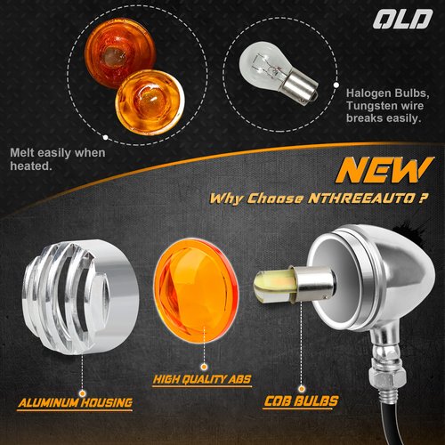 NTHREEAUTO Universal Motorcycle Blinkers Bullet LED Turn Signals Indicator Front Compatible with Harley Dyna, Honda Shadow, Kawasaki Vulcan, Yahama, Bobber, Suzuki 12V Motorbikes