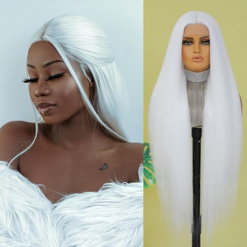 Felek Super Long White T Part Lace Wig Synthetic 40 Inch Straight 13x4x1 T Lace Front Wigs Heat Resistant Fiber Glueless Pre-Plucked Natural Hairline Lace Wig For Fashion Women/Girls(White)