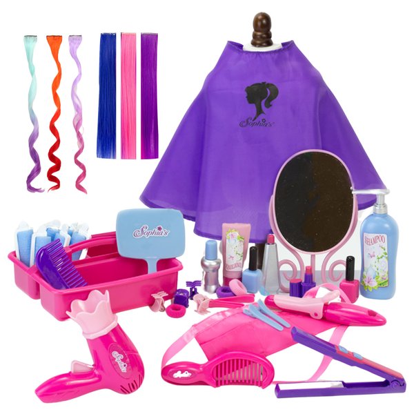 Sophia's 18" Inch Doll Accessories Complete 36 Piece Hair Salon Set with Styling Tools, Hair Ties, Brush, Mirror, Blow Dryer, Salon Cape and Hair Extensions Set, Pink/Purple