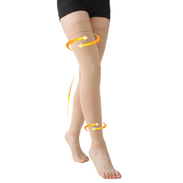 MGANG Thigh High Leg Sleeve 20-30 mmHg Graduated Compression with Grip Top, Medical Compression Stockings for Men and Women, with Varicose Veins, Lymphedema, Swelling & Venous Insufficiency, Beige M