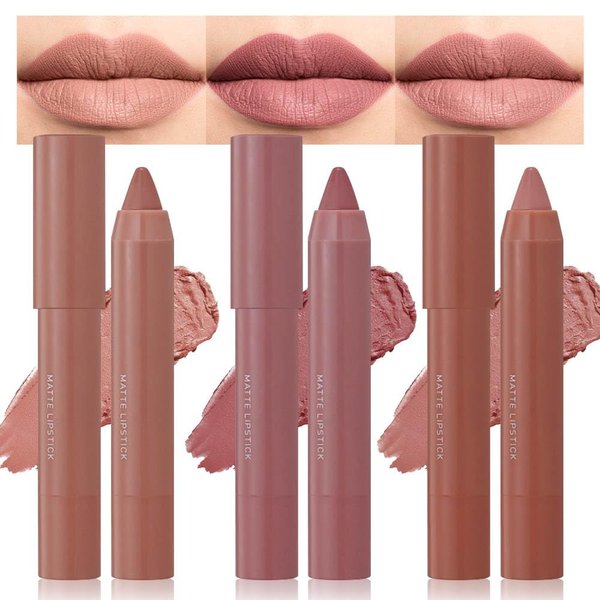 3 Colors Matt Nude Lipstick Lipliner Lip Crayons Pack Set,Velvet Moisture Smooth Matte Lipstick Pencils,Waterproof&Waterlasting,#02#04#06