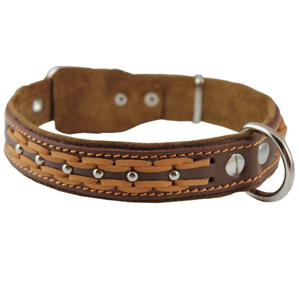 Genuine Leather Braided Studded Dog Collar, Brown 1.25" Wide. Fits 16"-20.5" Neck.