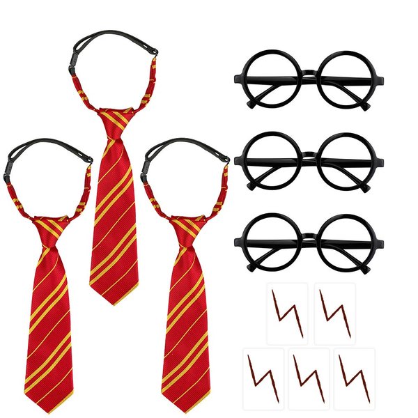 Cosplay Wizard Necktie and Novelty Glasses, Striped Tie Lensless Glasses Frame Lightning Tattoos, School Unisex Kids Halloween Magic Playing Role Bday Party Themed Costume Dress Up Accessory Tie Set